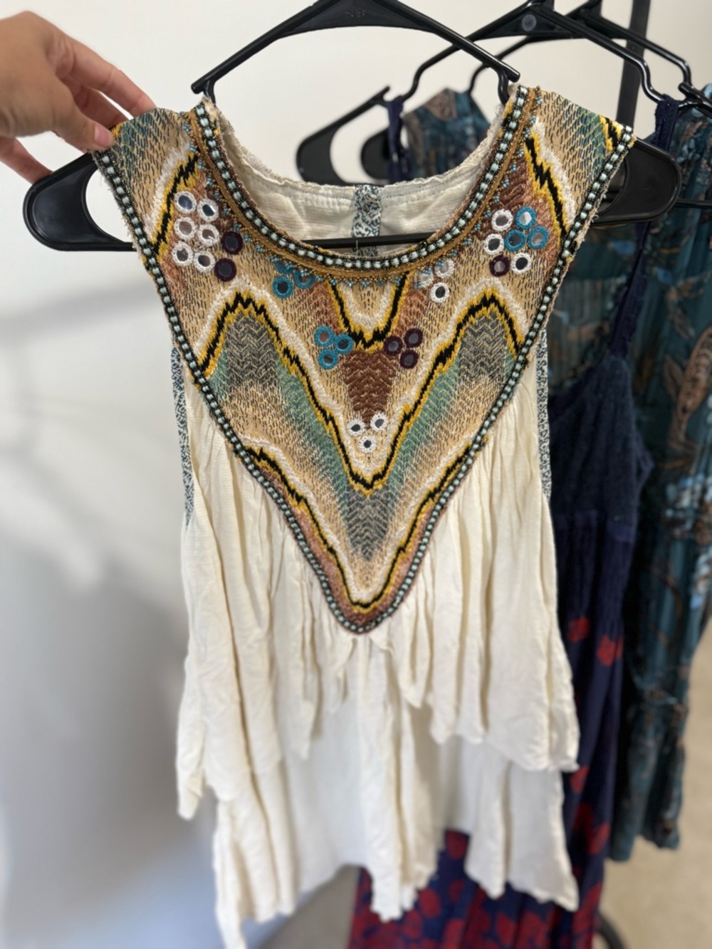 Free People Cream Embroidered Boho Camisole with Teal and Mustard Accents